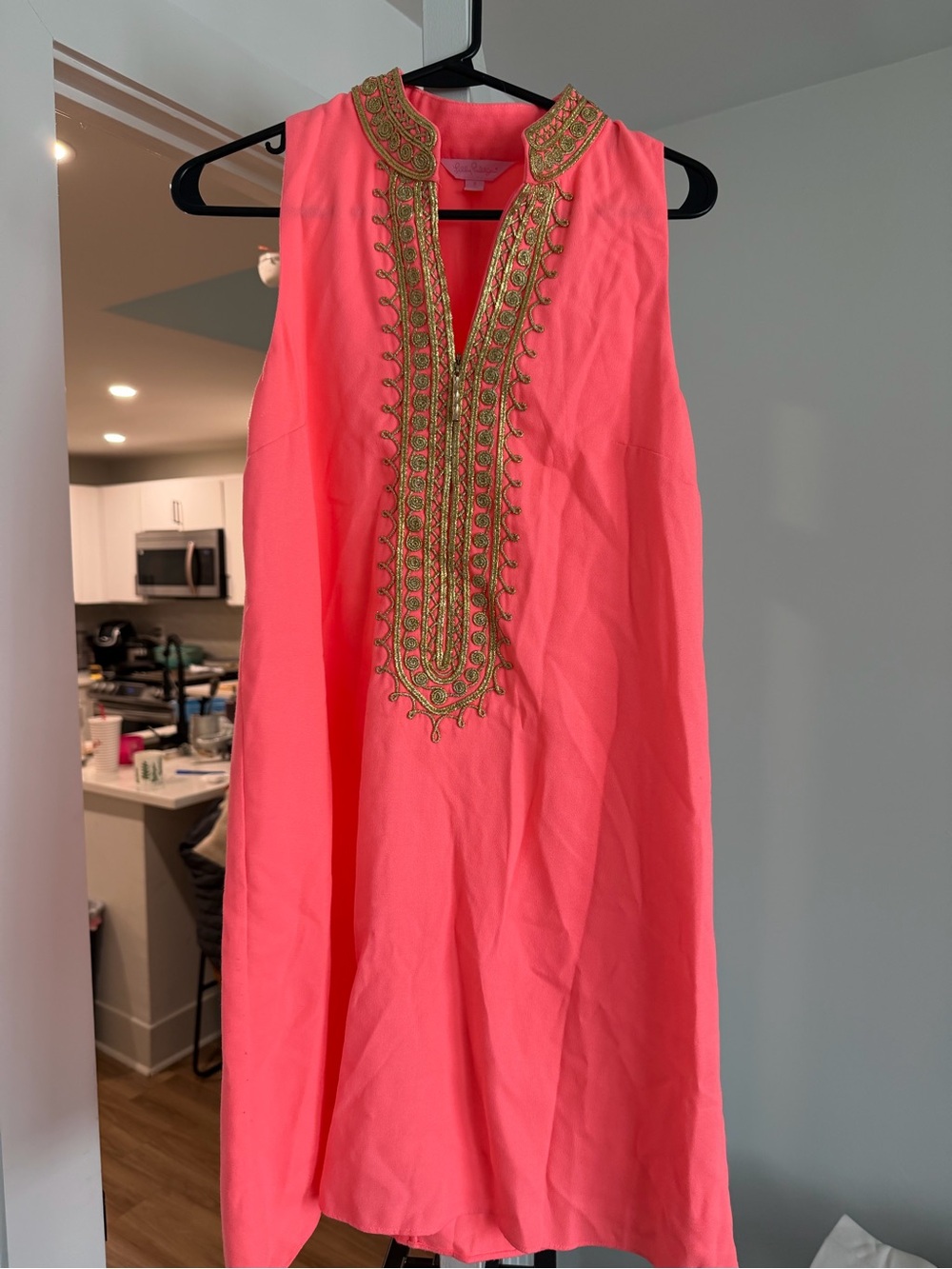 Lilly Pulitzer Coral Pink Sleeveless Tunic Dress with Gold Embroidery